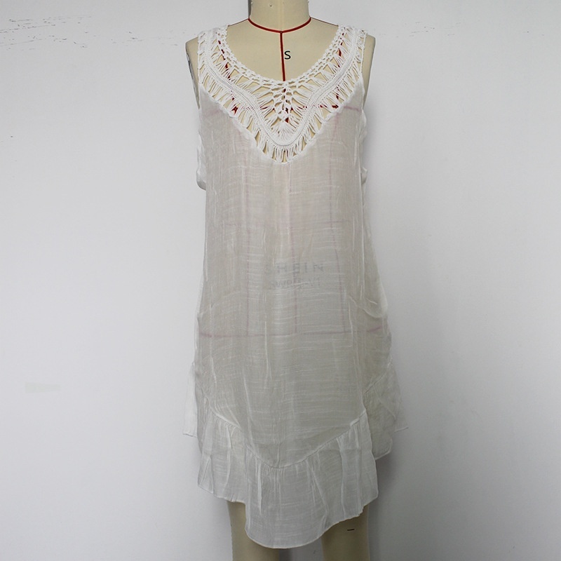 Womens Boho Beach Cover-Up Dress - Crochet V-Neck Sleeveless Mini Dress